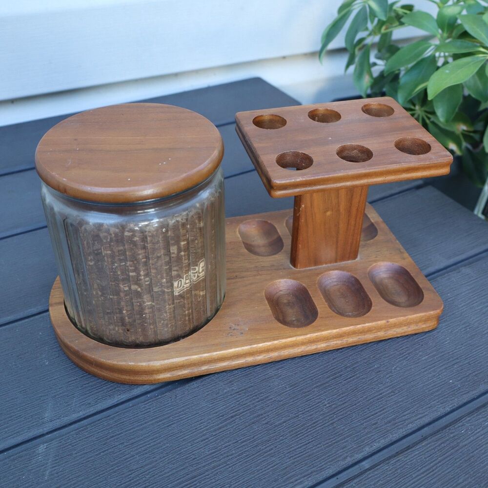 VTG Walnut Decatur Deco Tobacco 6 Pipe Stand Holder Rack w/Aztec Glass Humidor